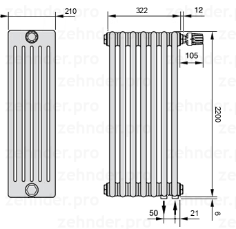 Схема (чертеж) Радиатор Zehnder Charleston 6220/7 №V002 Белый глянцевый RAL 9016